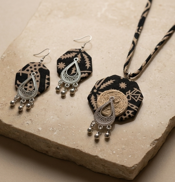 Handcrafted Tribal Motif & Jute Pendant Set