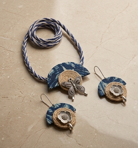 Indigo Fabric & Jute Butterfly Choker Set