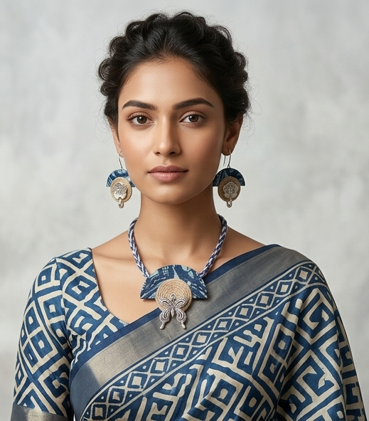 Indigo Fabric & Jute Butterfly Choker Set