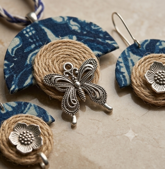 Indigo Fabric & Jute Butterfly Choker Set