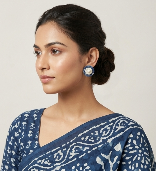 Handcrafted Indigo Fabric & Pearl Button Studs