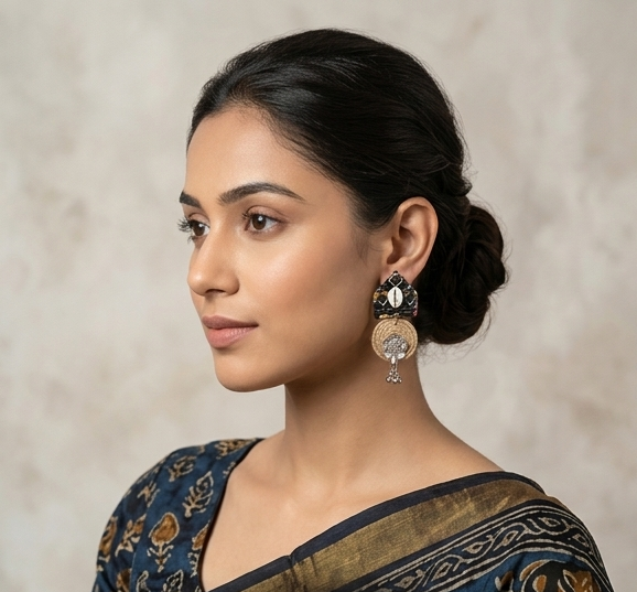 Handcrafted Tribal Temple Motif & Jute Drop Earrings