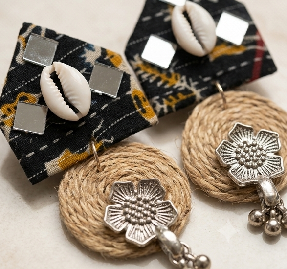 Handcrafted Tribal Temple Motif & Jute Drop Earrings