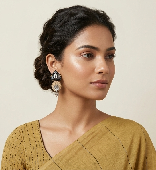 Handcrafted Diamond Fabric & Jute Drop Earrings