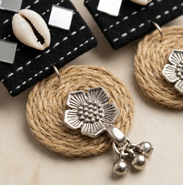Handcrafted Diamond Fabric & Jute Drop Earrings