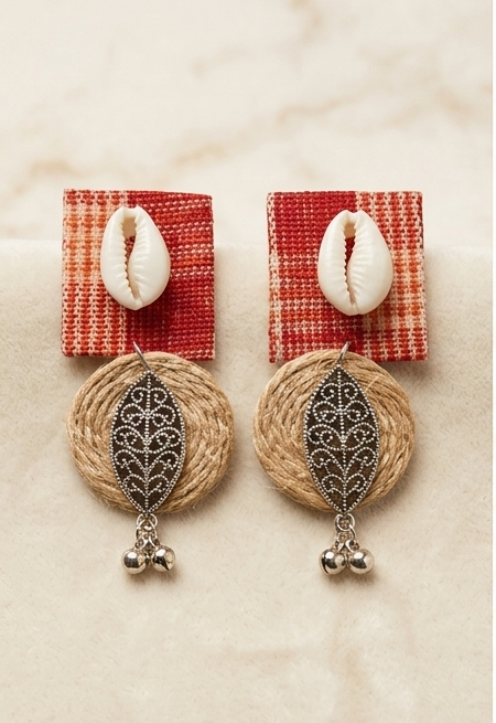 Handcrafted Handloom Plaid & Cowrie Drop Earrings