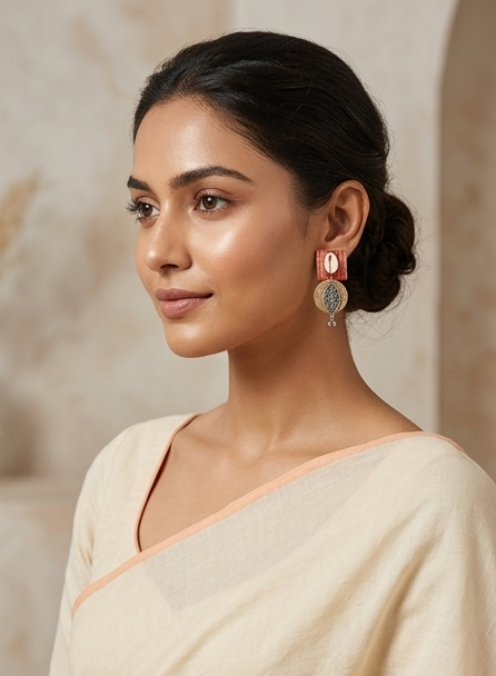 Handcrafted Handloom Plaid & Cowrie Drop Earrings