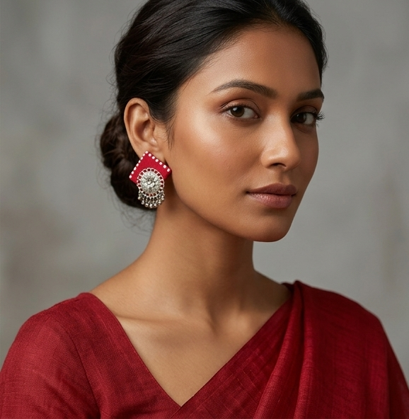 Handcrafted Crimson Fabric & Sunburst Studs