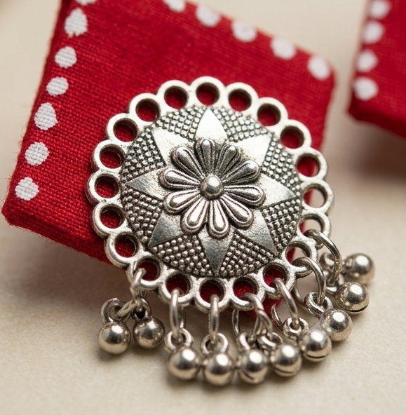 Handcrafted Crimson Fabric & Sunburst Studs