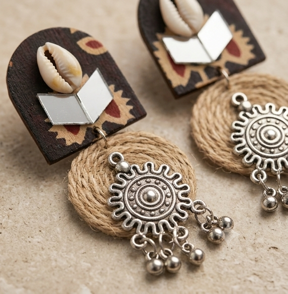 Handcrafted Arched Fabric & Jute Drop Earrings