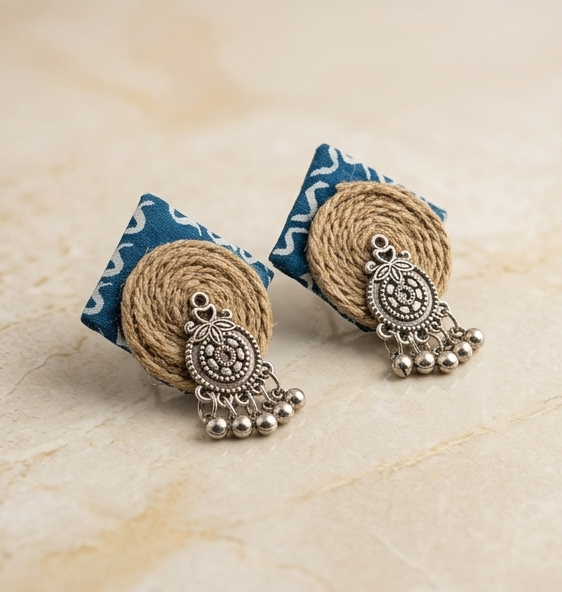 Indigo Fabric & Jute Spiral Statement Studs