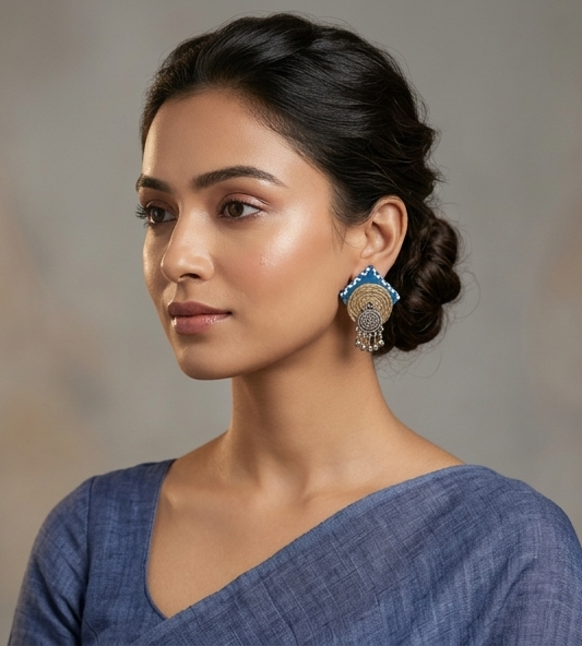Indigo Fabric & Jute Spiral Statement Studs