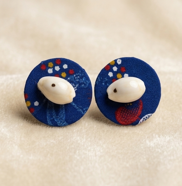 Handcrafted Indigo Fabric & Cowrie Stud Earrings