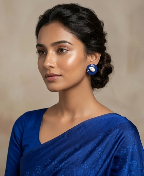 Handcrafted Indigo Fabric & Cowrie Stud Earrings