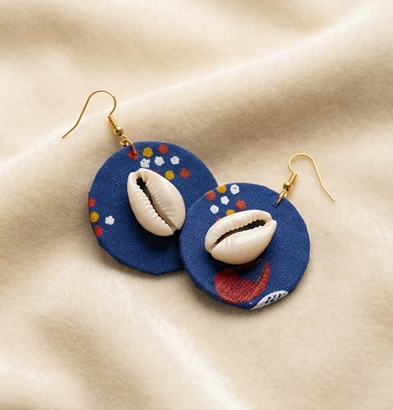 Handcrafted Indigo Fabric & Cowrie Drop Earrings