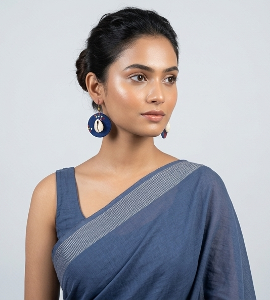 Handcrafted Indigo Fabric & Cowrie Drop Earrings