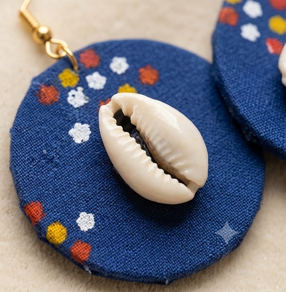 Handcrafted Indigo Fabric & Cowrie Drop Earrings