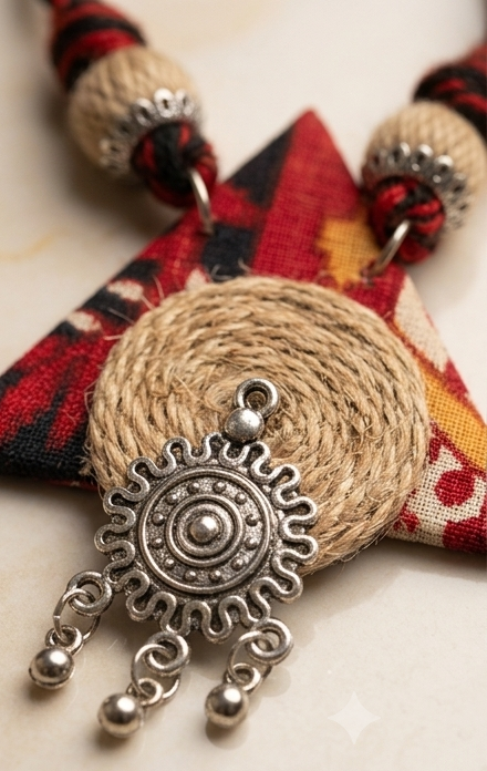 Handcrafted Jute & Fabric Tribal Pendant Set