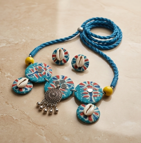Kori-Katha | Turquoise Batik & Cowrie Shell Statement Set