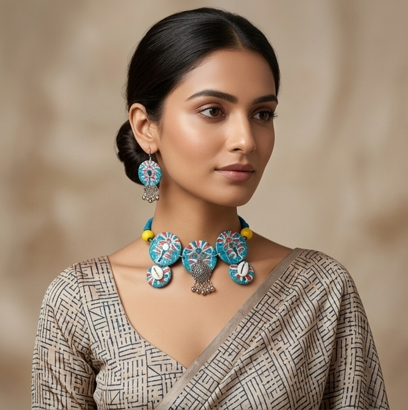 Kori-Katha | Turquoise Batik & Cowrie Shell Statement Set
