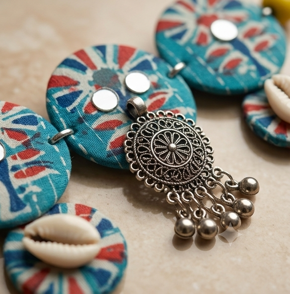 Kori-Katha | Turquoise Batik & Cowrie Shell Statement Set