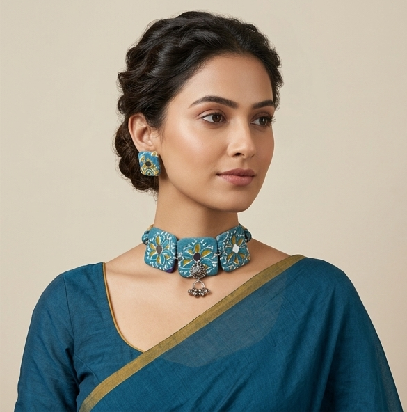 Neel-Padma | Kalamkari Fabric Choker & Stud Set