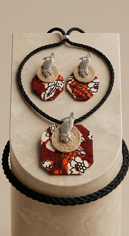 Lokkhi-Pécha | Handcrafted Kalamkari & Owl Charm Jewelry Set