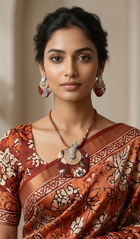 Lokkhi-Pécha | Handcrafted Kalamkari & Owl Charm Jewelry Set