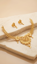 Hridoy-Kusum (হৃদয়কুসুম) | 24K Gold Plated Handcrafted Copper Floral-Crest Choker & Heart Drop Earrings