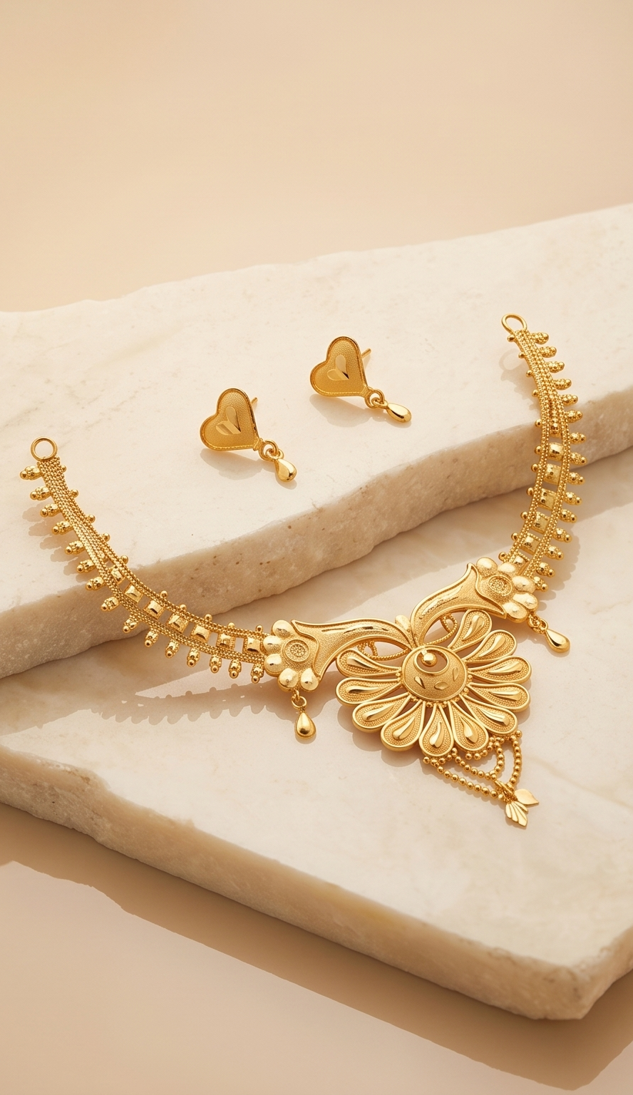 Hridoy-Kusum (হৃদয়কুসুম) | 24K Gold Plated Handcrafted Copper Floral-Crest Choker & Heart Drop Earrings