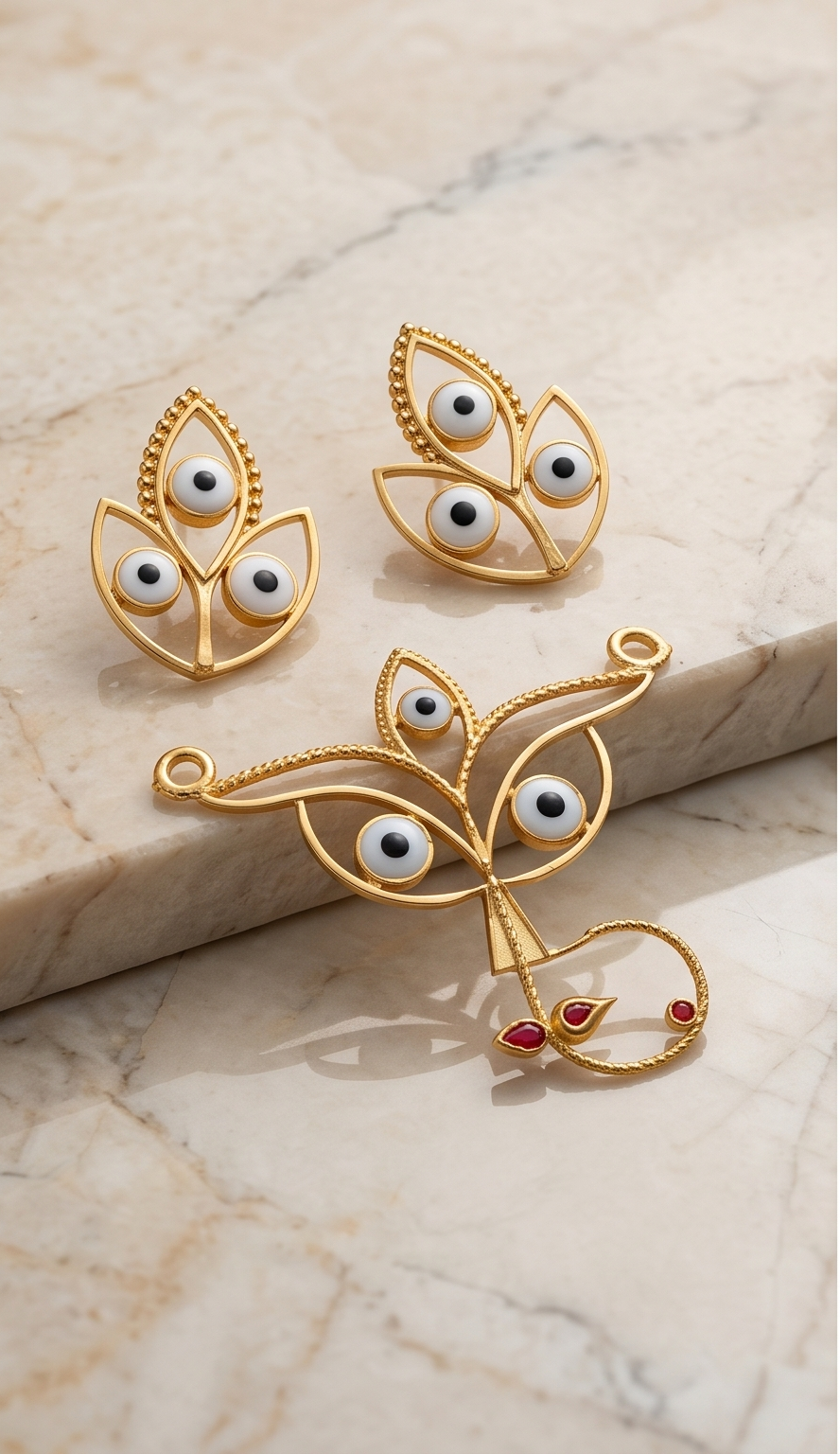 Trinayani (ত্রিনয়নী) | 24K Gold Plated Handcrafted Copper Maa Durga Trinetra Pendant & Tri-Eye Studs