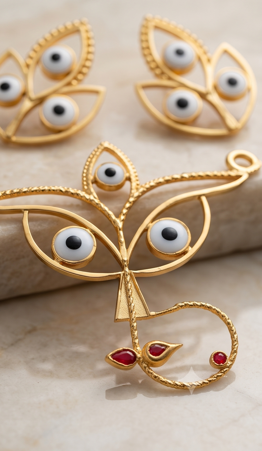 Trinayani (ত্রিনয়নী) | 24K Gold Plated Handcrafted Copper Maa Durga Trinetra Pendant & Tri-Eye Studs
