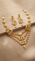 Tin-Torongo (তিনতরঙ্গ) | 24K Gold Plated Handcrafted Copper Multi-Tier Chandelier Choker & Floral Drop Earrings
