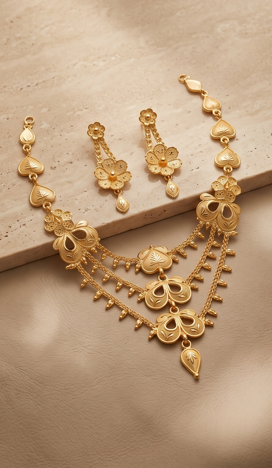 Tin-Torongo (তিনতরঙ্গ) | 24K Gold Plated Handcrafted Copper Multi-Tier Chandelier Choker & Floral Drop Earrings