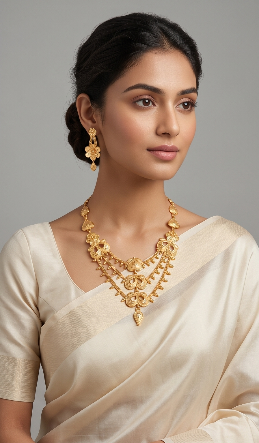 Tin-Torongo (তিনতরঙ্গ) | 24K Gold Plated Handcrafted Copper Multi-Tier Chandelier Choker & Floral Drop Earrings