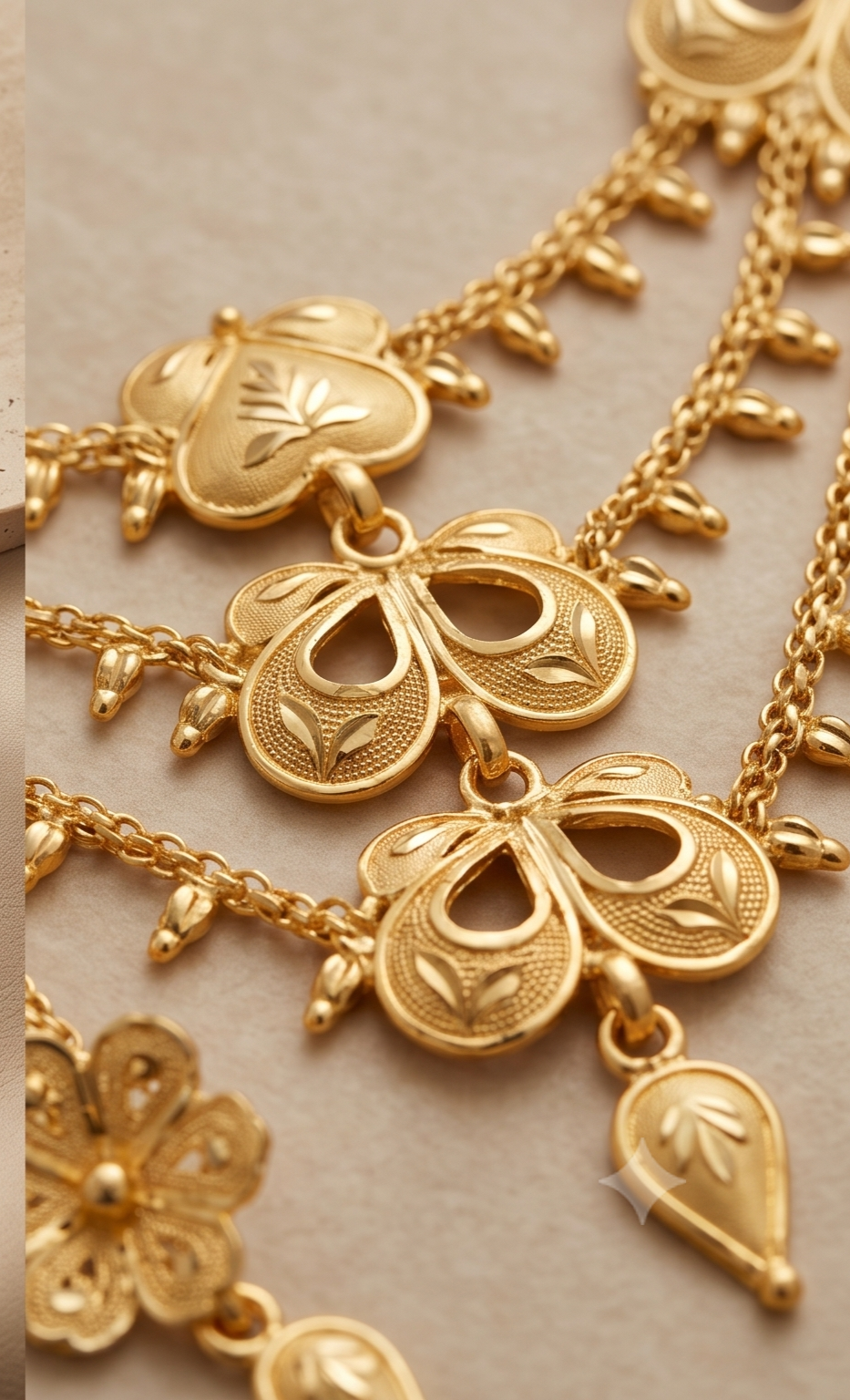 Tin-Torongo (তিনতরঙ্গ) | 24K Gold Plated Handcrafted Copper Multi-Tier Chandelier Choker & Floral Drop Earrings