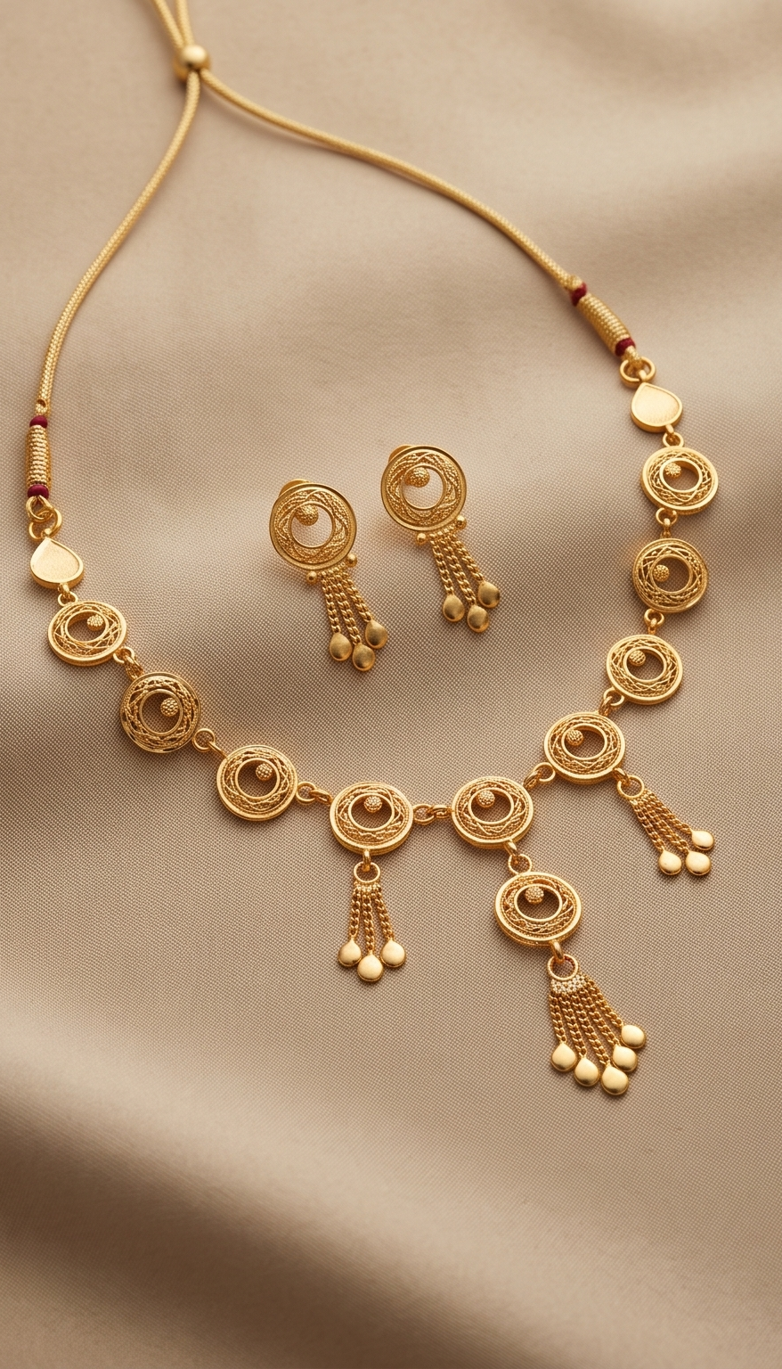 Chondro-Jhalor (চন্দ্রঝালর) | 24K Gold Plated Handcrafted Copper Celestial Circle Choker & Tassel Drop Earrings