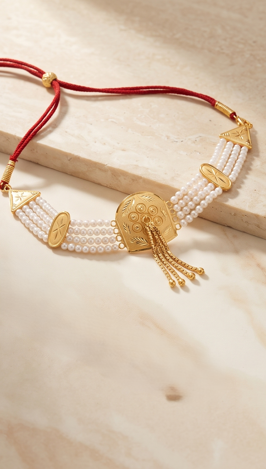 Charu-Mukta (চারুমুক্তা) | 24K Gold Plated Handcrafted Copper Multi-Strand Pearl Choker with Engraved Medallion & Tassel