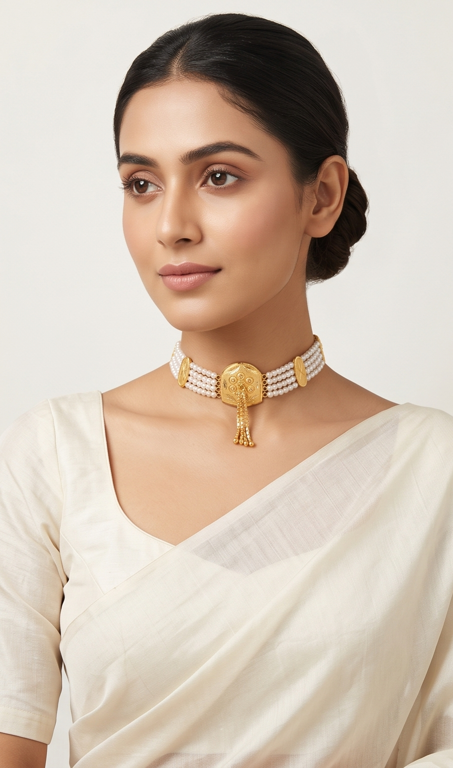 Charu-Mukta (চারুমুক্তা) | 24K Gold Plated Handcrafted Copper Multi-Strand Pearl Choker with Engraved Medallion & Tassel