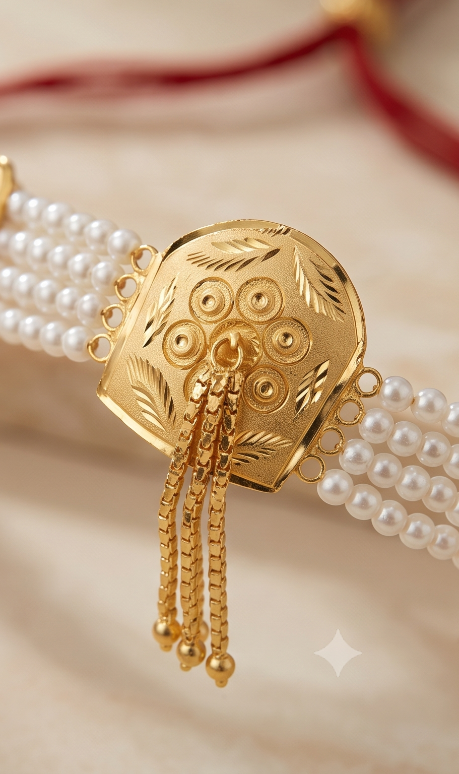 Charu-Mukta (চারুমুক্তা) | 24K Gold Plated Handcrafted Copper Multi-Strand Pearl Choker with Engraved Medallion & Tassel