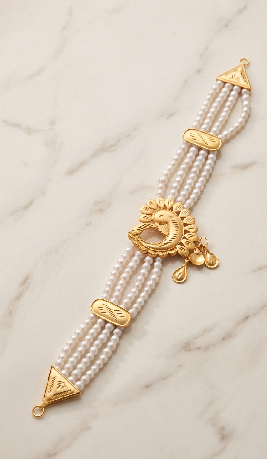 Mayur-Pankhi (ময়ূরপঙ্খী) | 24K Gold Plated Handcrafted Copper Multi-Strand Pearl Choker with Sculpted Peacock Brooch