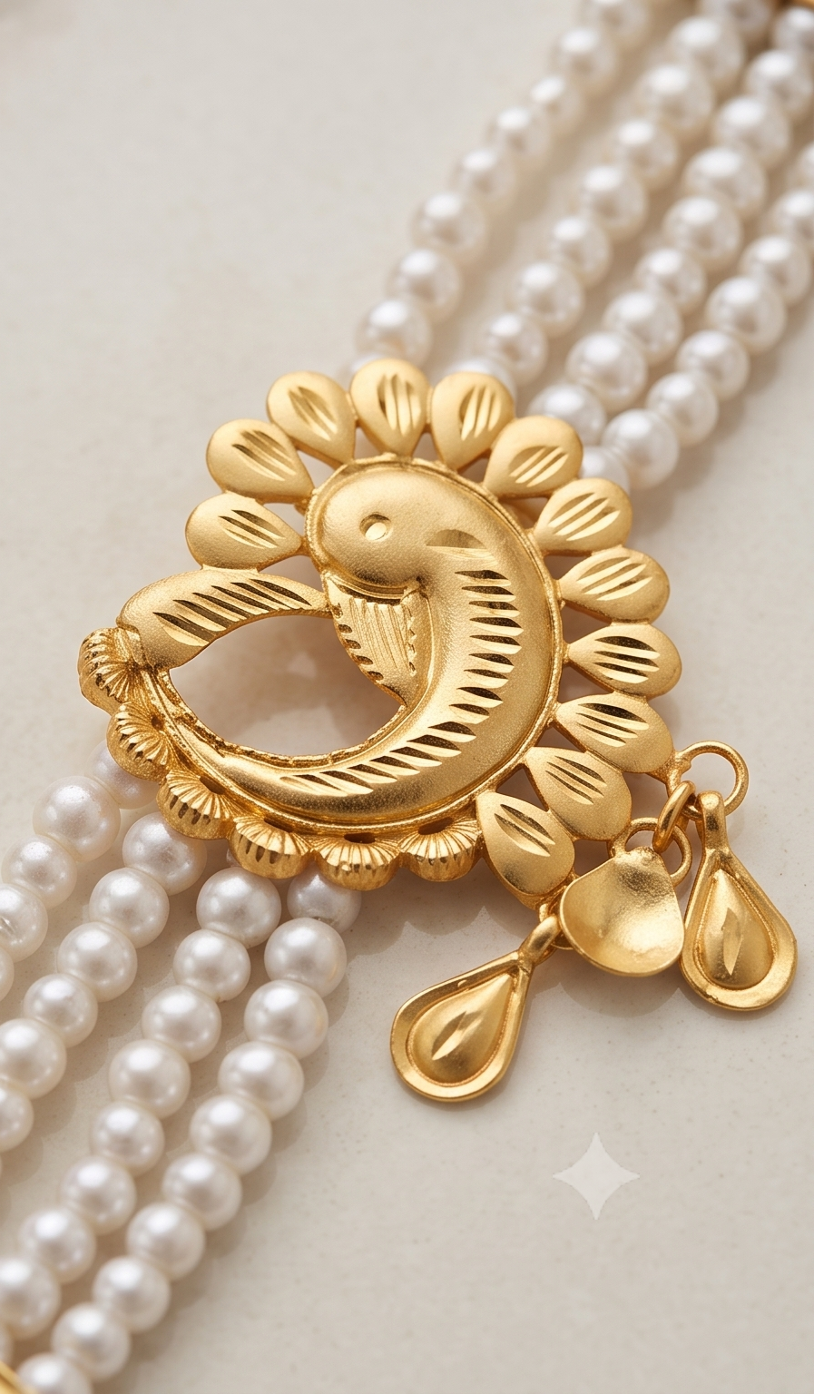 Mayur-Pankhi (ময়ূরপঙ্খী) | 24K Gold Plated Handcrafted Copper Multi-Strand Pearl Choker with Sculpted Peacock Brooch