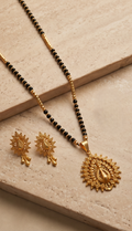 Kanak Mayuri (কনক ময়ূরী) Mangalsutra Set | 24K Gold Plated Handcrafted Copper Black-Bead Chain with Radiant Peacock Medallion & Tops