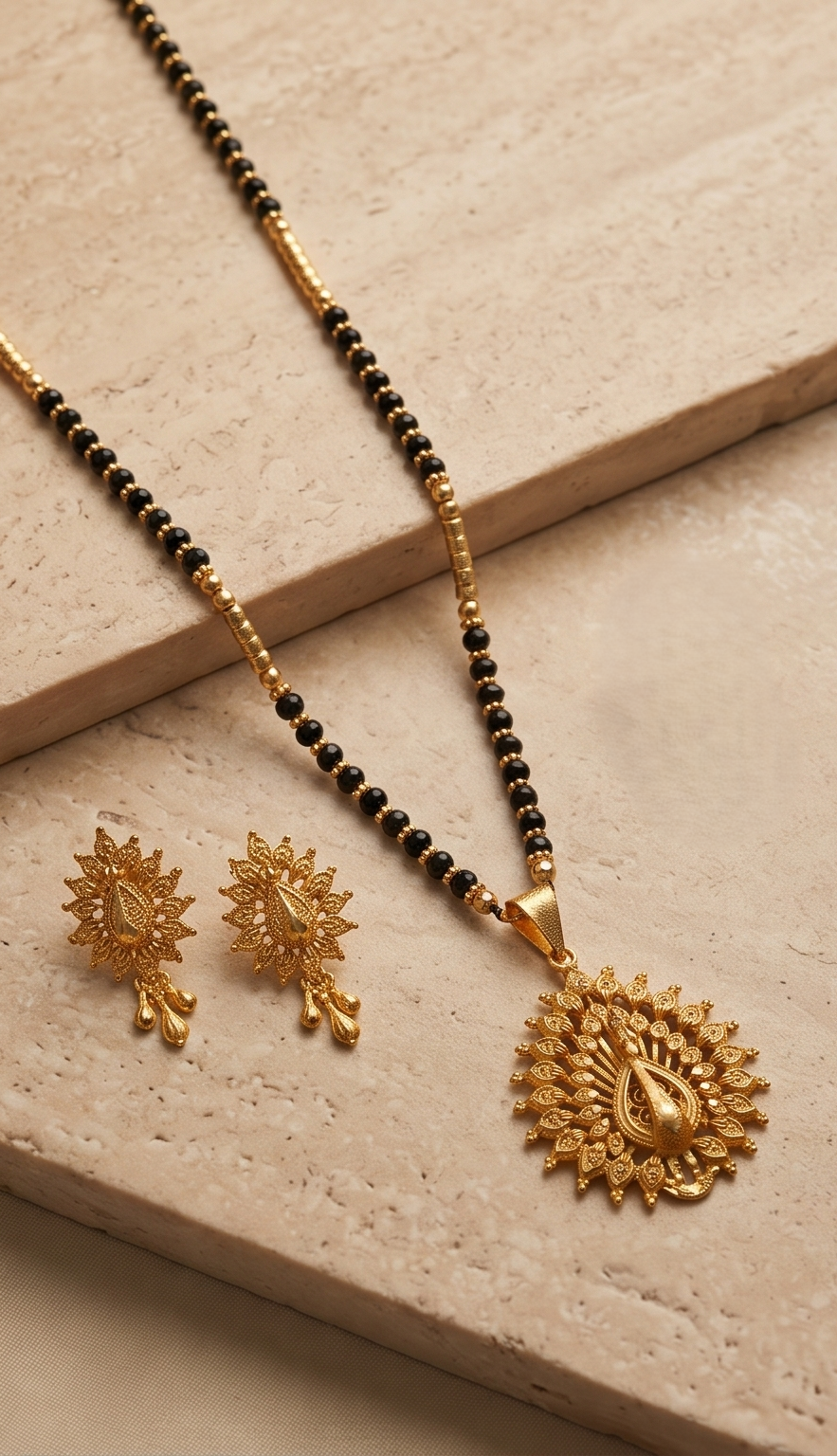 Kanak Mayuri (কনক ময়ূরী) Mangalsutra Set | 24K Gold Plated Handcrafted Copper Black-Bead Chain with Radiant Peacock Medallion & Tops