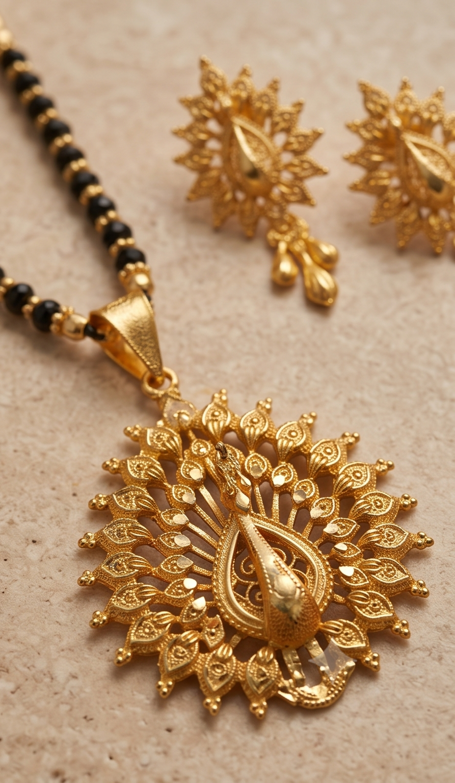 Kanak Mayuri (কনক ময়ূরী) Mangalsutra Set | 24K Gold Plated Handcrafted Copper Black-Bead Chain with Radiant Peacock Medallion & Tops