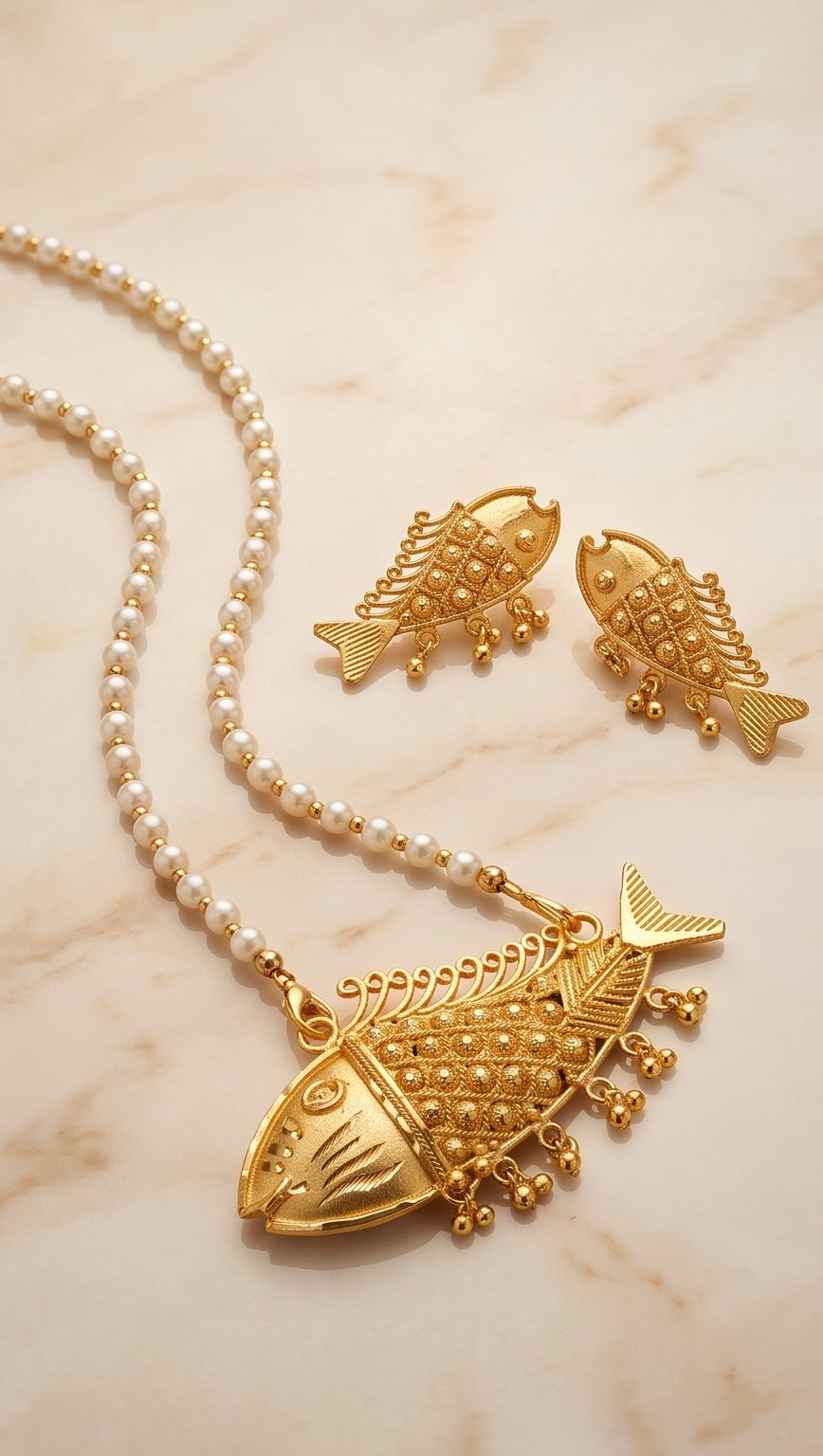 Shonar Maach (সোনার মাছ) | 24K Gold Plated Handcrafted Copper Pearl-String Fish Pendant & Matching Tops