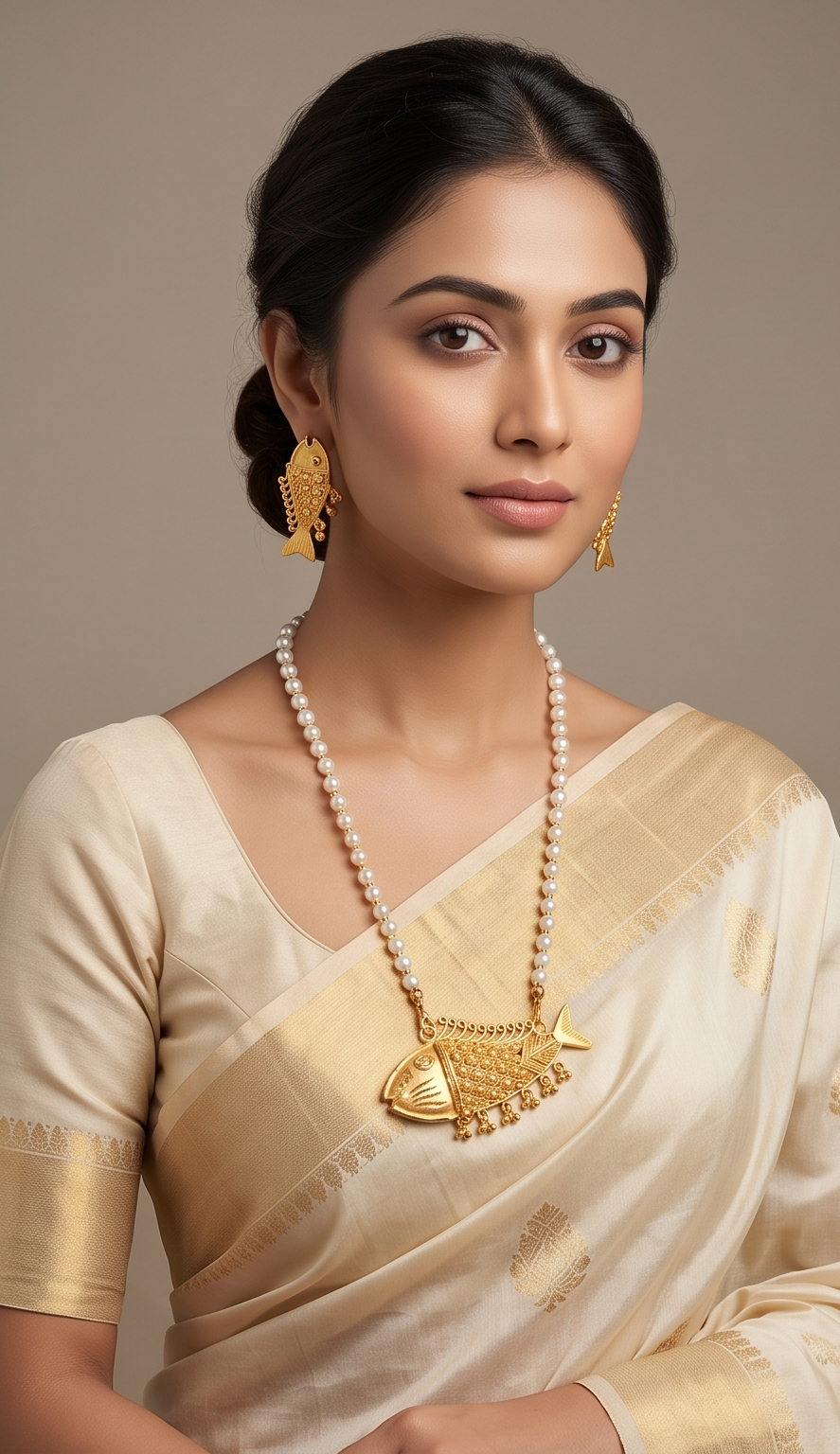 Shonar Maach (সোনার মাছ) | 24K Gold Plated Handcrafted Copper Pearl-String Fish Pendant & Matching Tops
