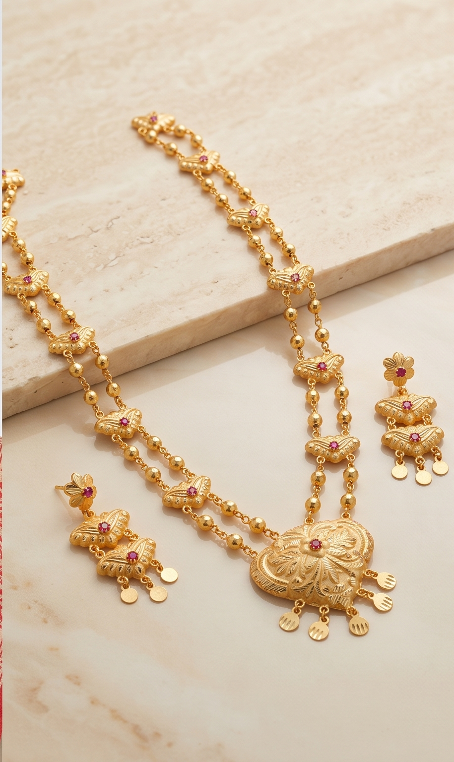 Prajapati (প্রজাপতি) Dohora Mala | 24K Gold Plated Handcrafted Copper Twin-Chain Necklace & Earring Set