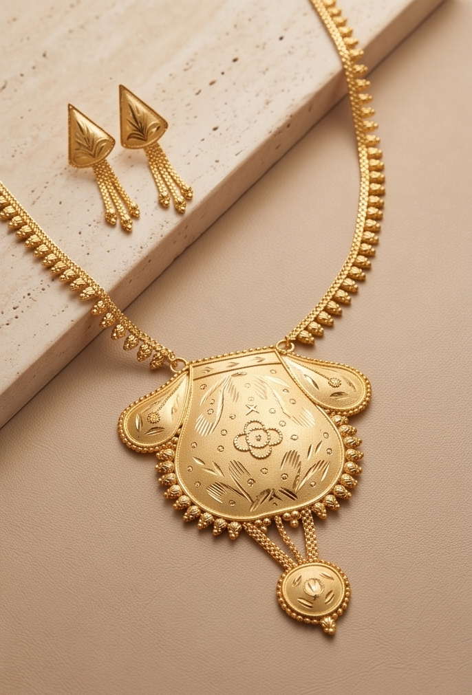 Kanak Kolshi (কনক কলসী) | 24K Gold Plated Handcrafted Copper Urn-Locket Long Necklace & Leaf-Tassel Tops