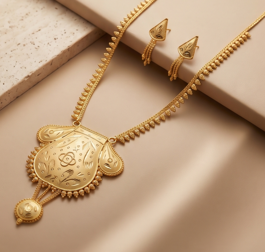 Kanak Kolshi (কনক কলসী) | 24K Gold Plated Handcrafted Copper Urn-Locket Long Necklace & Leaf-Tassel Tops